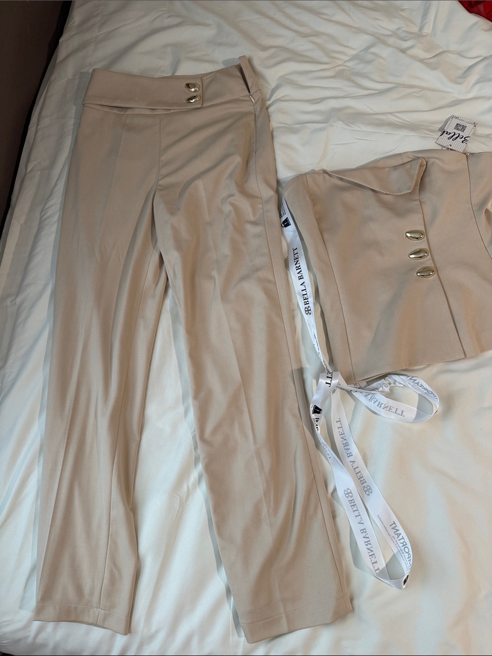 High-Waist Beige Trousers with Gold Button Detail - Bella Barnett